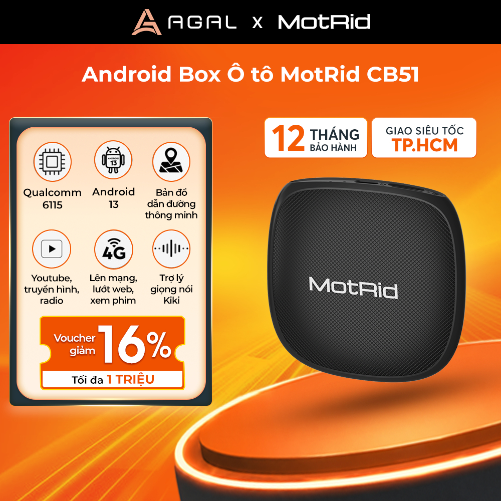 Android Box Ô tô MotRid CB51 Ram 4GB - Rom 64GB, Android 13, kết nối SIM 4G, WiFi, Bảo hành 12 tháng