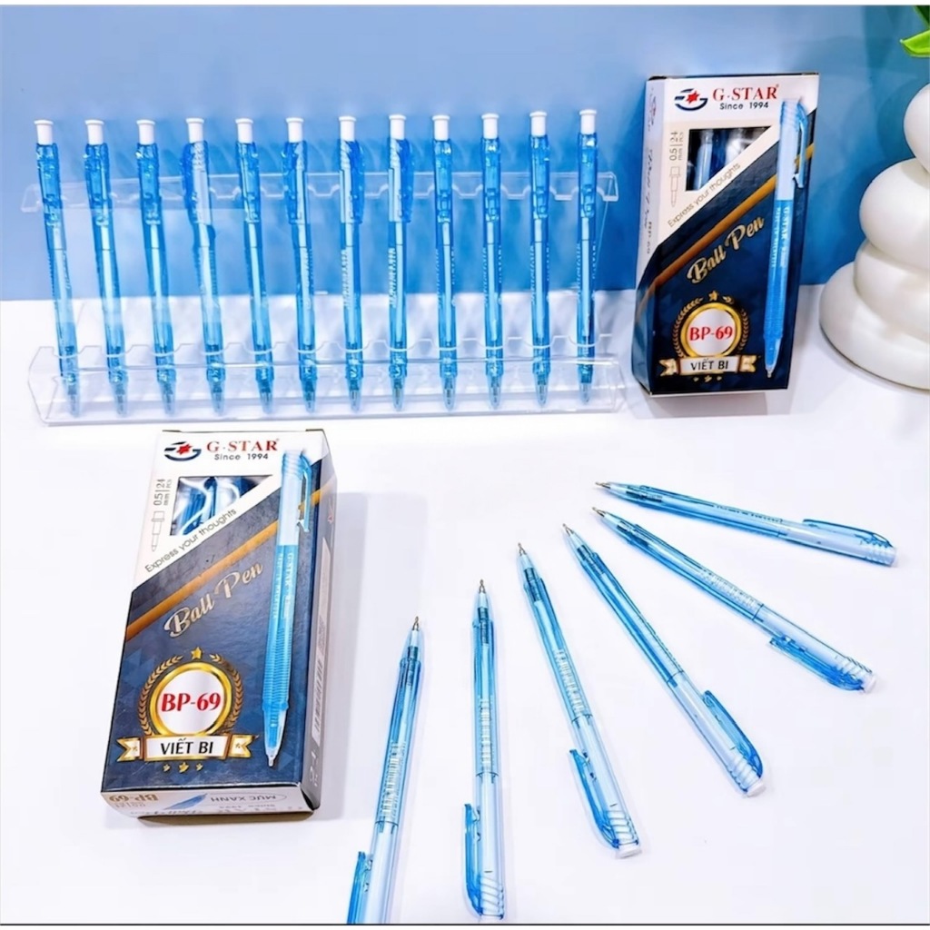 Hộp 24 Cây Bút Bi Bấm G-Star – Ngòi 0.5mm, Mực Xanh Malaysia, Viết Êm Tay, Mực Ra Đều [BP-69]