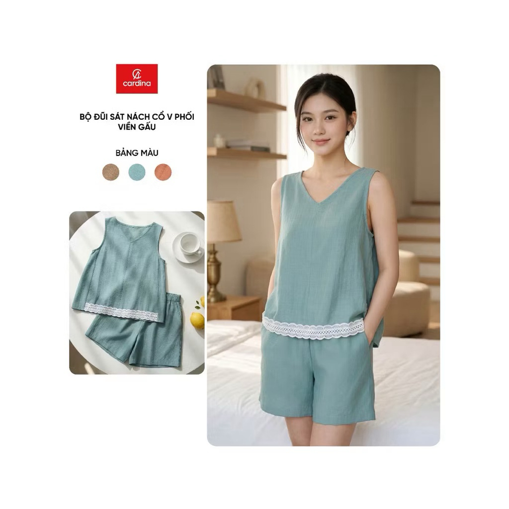 Bộ đồ mặc nhà nữ CARDINA chất liệu đũi sát nách cổ V phối viền gấu 6BDN06