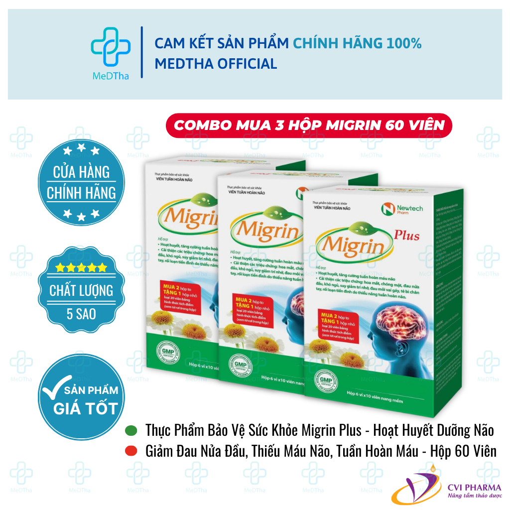 [COMBO 3 HỘP] TPBVSK Migrin Plus - Hoạt Huyết Dưỡng Não, Giảm Đau Nửa Đầu, Tuần Hoàn Máu (60 Viên)