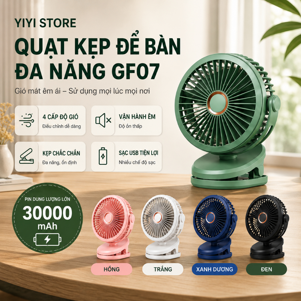 Quạt mini sạc điện 30000MAH GF07, quạt kẹp bàn, 4 tốc độ, xoay 720° toàn diện, siêu êm ái