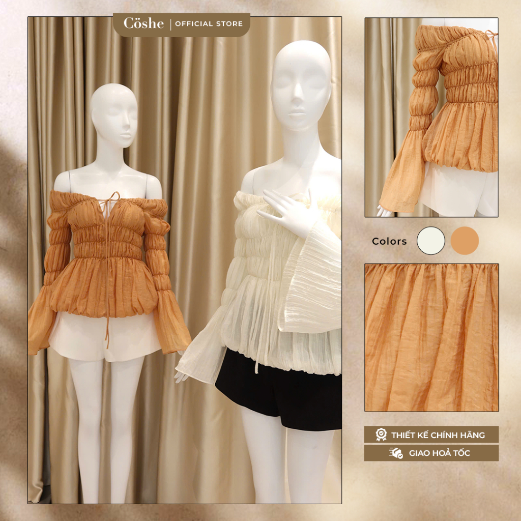 COSHE MOANA TOP - Áo trễ vai chất xốp nhăn tay dài loe nhún tầng tiểu thư nữ tính