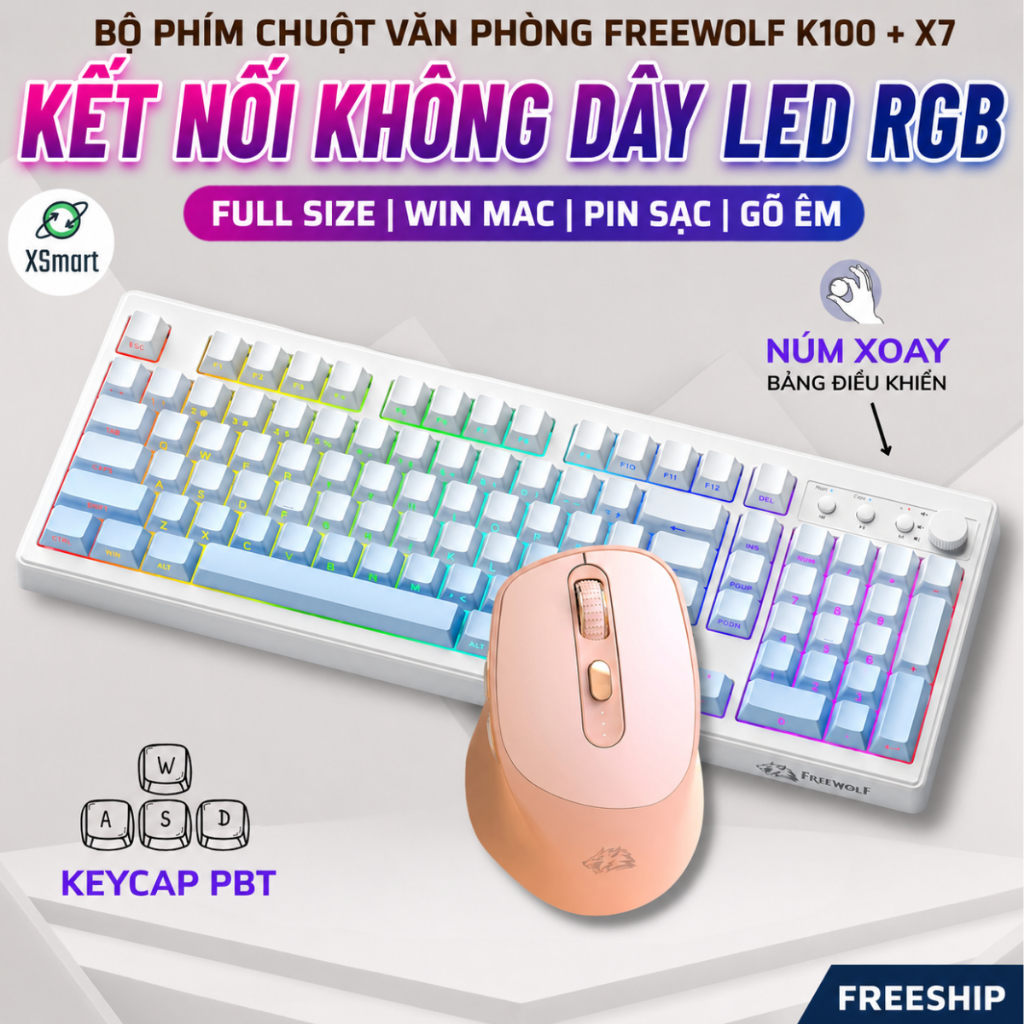 Bộ Bàn Phím Và Chuột Không Dây Bluetooth FreeWolf K100 Và Chuột X7 Gõ Êm Giảm Ồn, Thiết Kế Full Size