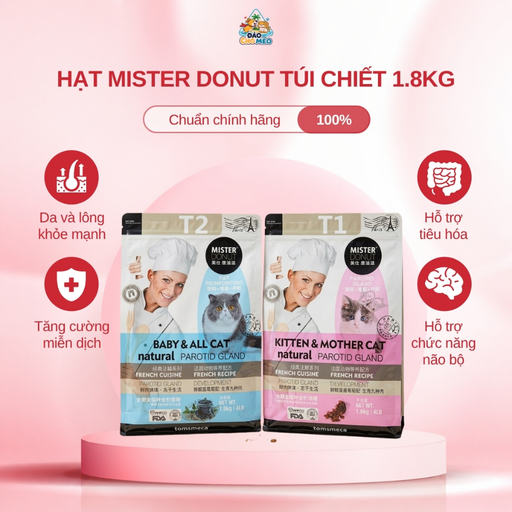 Thức ăn hạt Mister Donut cho mèo cao cấp trộn topping kích thích ăn ngon cho mèo - Daochomeo