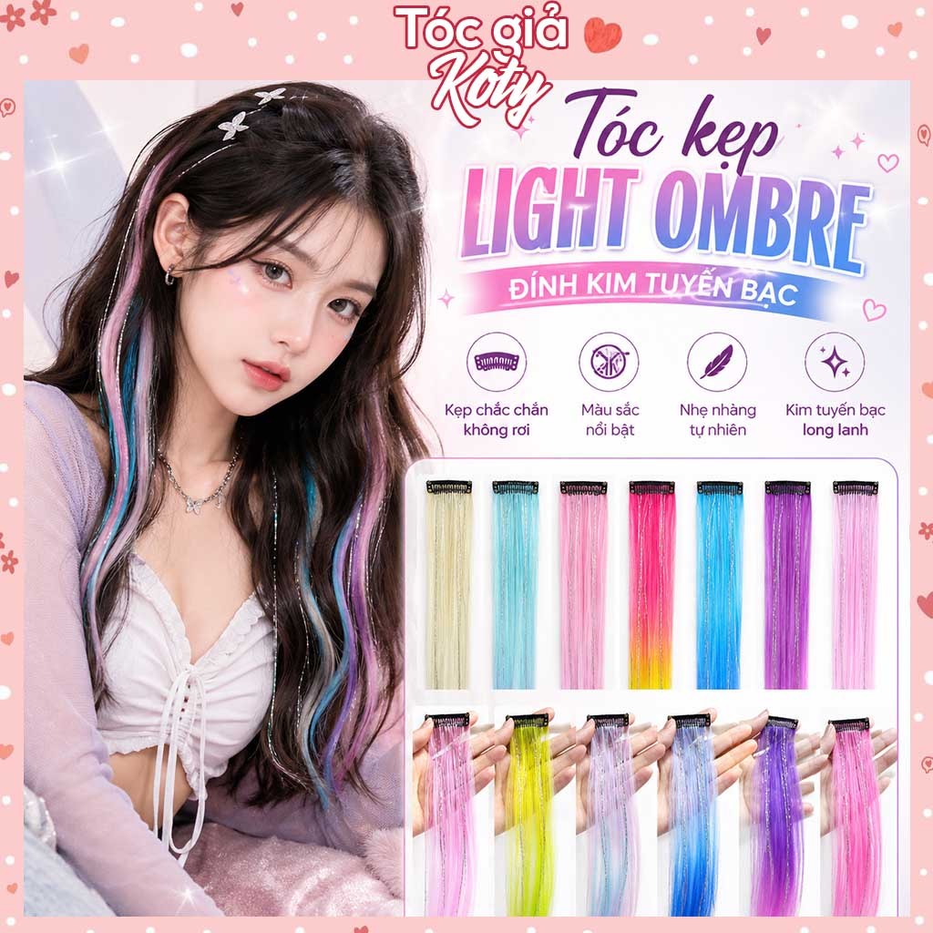 Tóc giả light ombre kẹp kim tuyến bạc | Tóc highlight giả phong cách Y2K cá tính T681