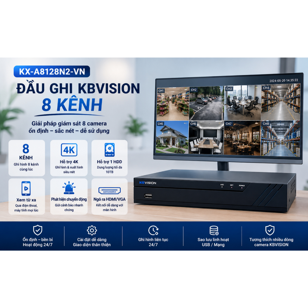 Đầu Ghi Camera IP 8 Kênh KBVISION KX-A8128N2-VN Hỗ Trợ Ổ Cứng 8TB Bảo Hành 24 Tháng
