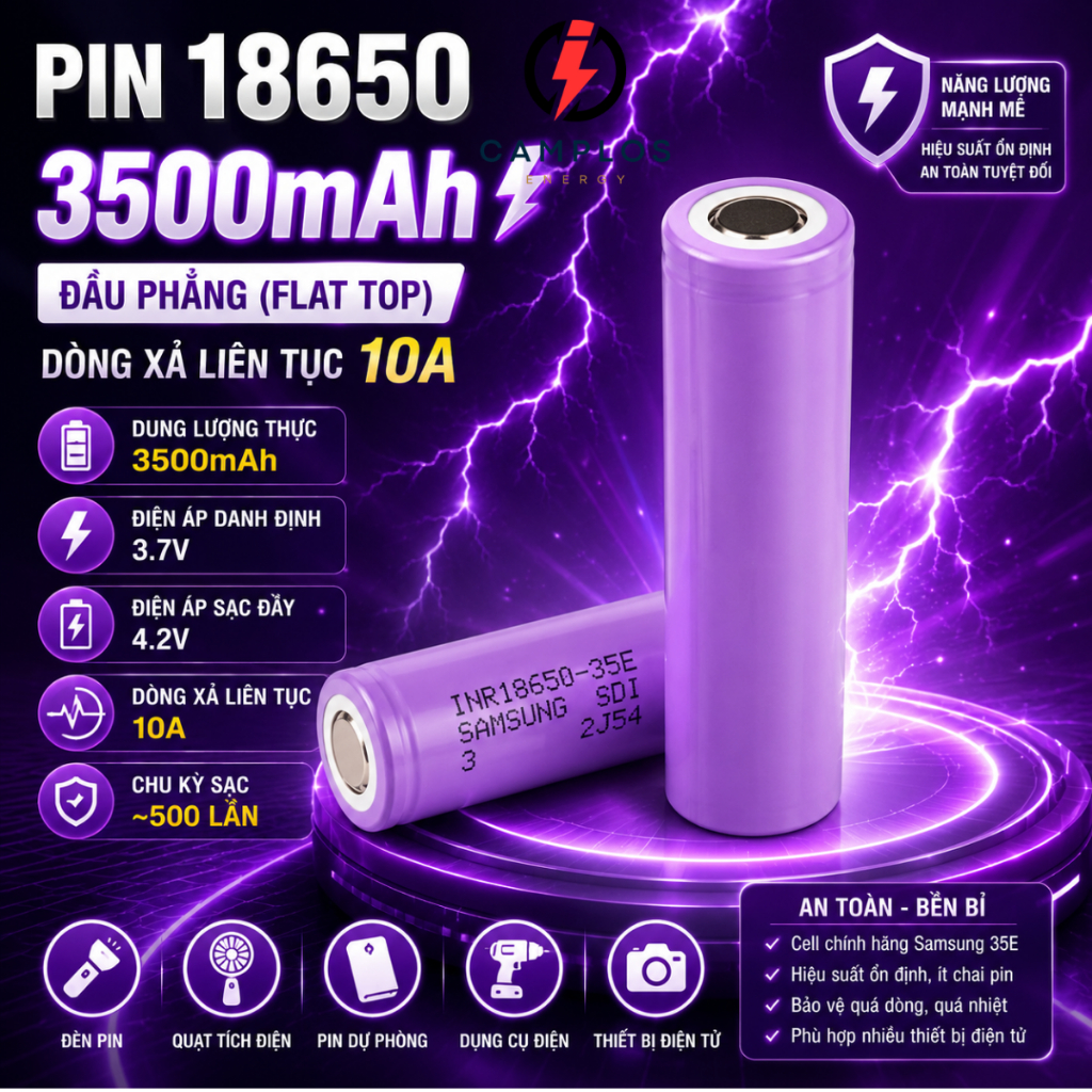 Camplos Pin sạc 18650 Samsung 35E 3500mAh pin sạc dự phòng cho đèn pin, quạt và sạc dự phòng dung lư