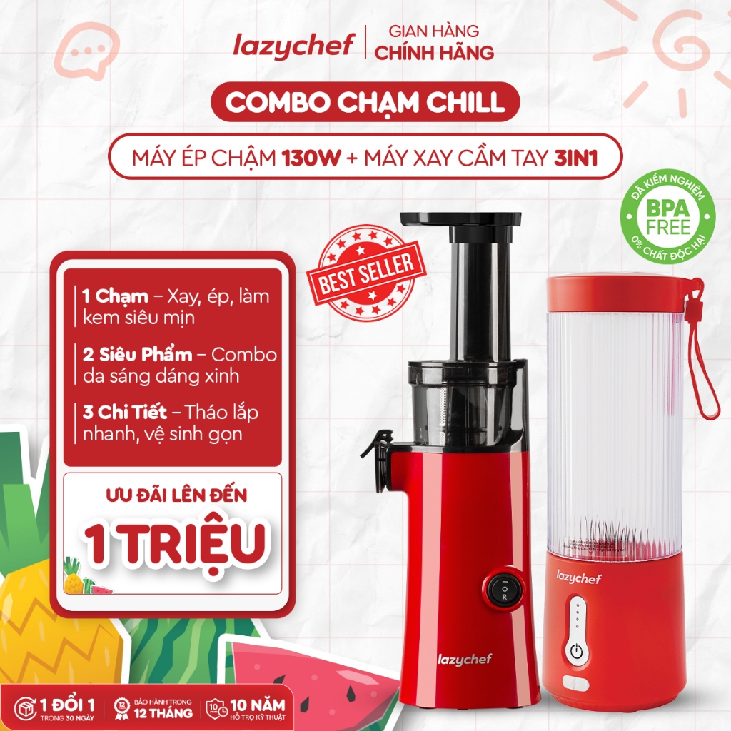 [Combo Chạm Chill] Máy Máy Ép Chậm Lazychef 130W kết hợp làm kem và Máy Xay Sinh Tố Cầm Tay Lazychef