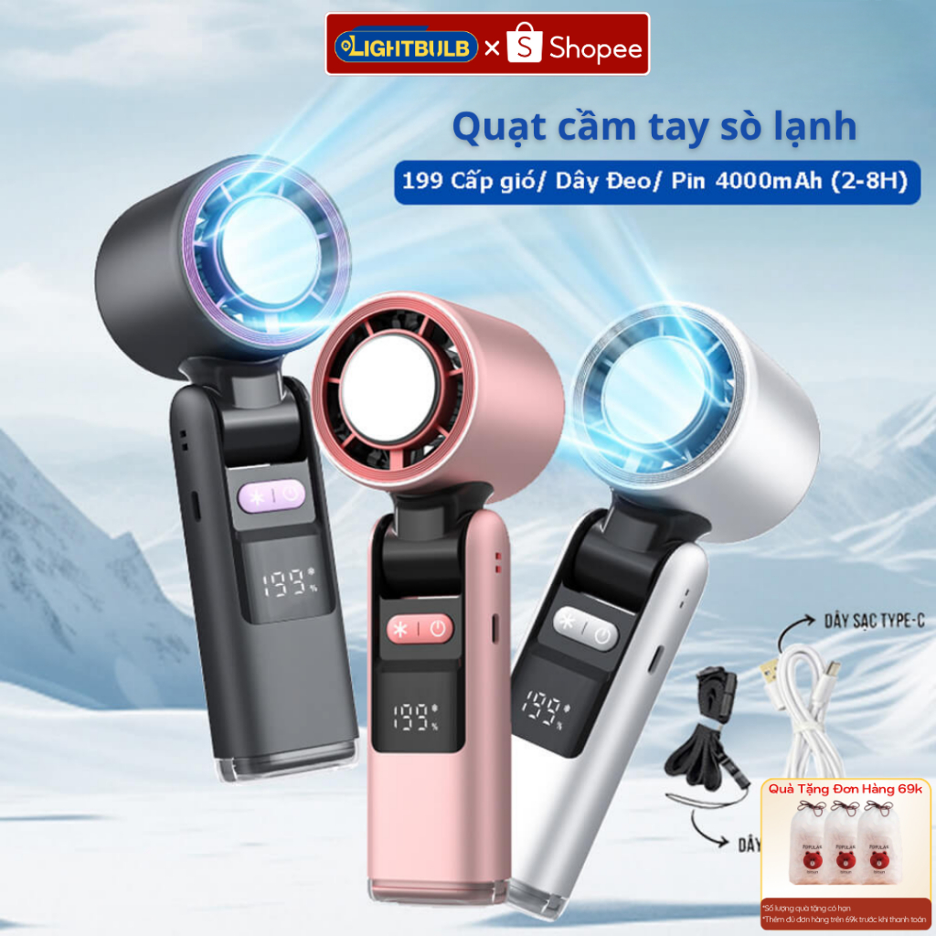 Quạt Cầm Tay Tích Điện Mini Tubor Tốc Độ Gió Siêu Mạnh Dung Lượng Pin 4000mAh Có Sò Lạnh Làm Mát