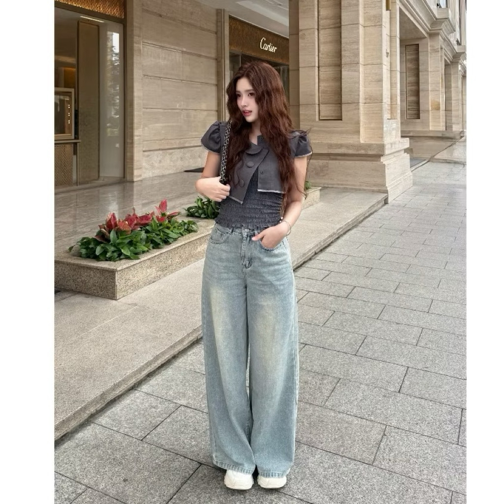 (PASS SIZE S)(CÓ VỆT Ở GỐI) Quần jean nữ ống rộng cạp cao chất liệu jean denim mềm tôn dáng J412 DEL