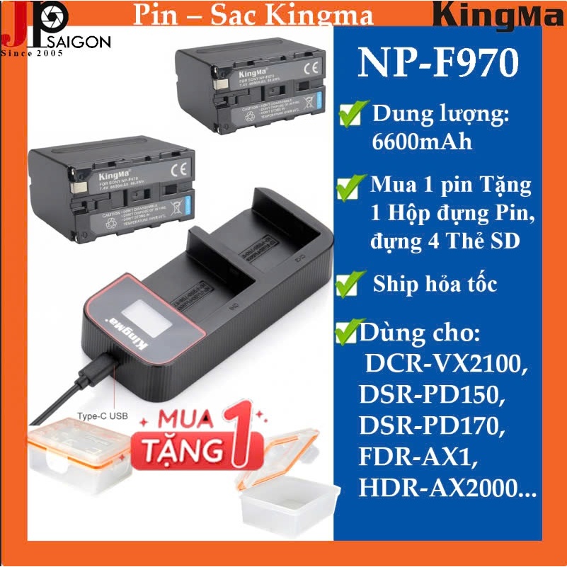 2 PIN 1 SẠC MÁY ẢNH KINGMA FOR SONY NP-F970 DUNG LƯỢNG 6600 mAh