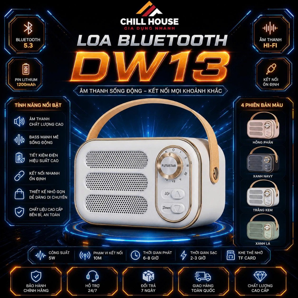 Loa Bluetooth Mini DW13 Vintage Retro Âm Thanh 3D, Decor Phòng Ngủ, Bass Trầm Và Ấm, Âm Thanh Sống Đ