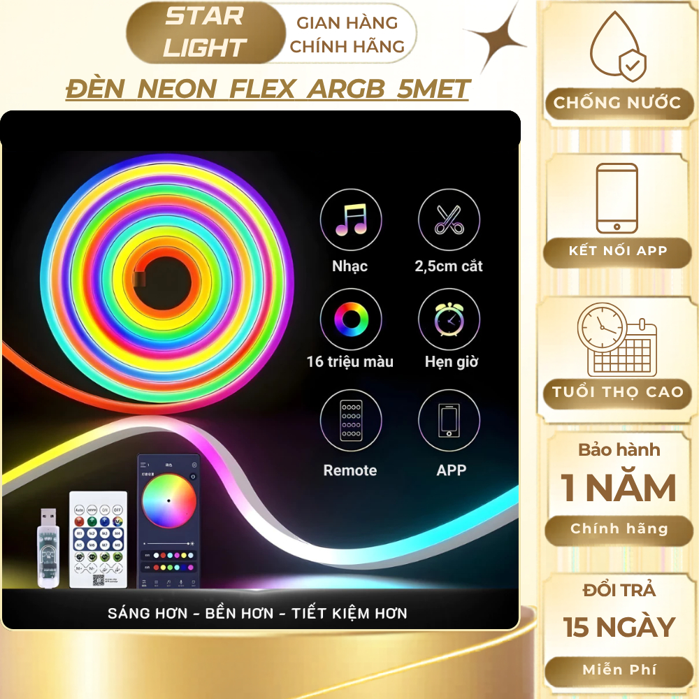 Đèn LED Neon Flex ARGB 5V 16 Triệu Màu – Dây LED Neon Chạy Đuổi, Điều Khiển App & Remote