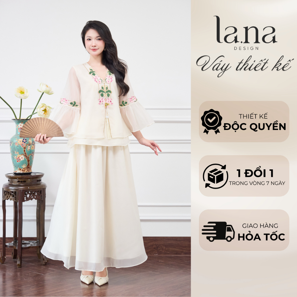 LANA DESIGN Pháp Phục Diệu Liên Hoa Thiết Kế Chất Tơ Gương Thêu Họa Tiết Hoa Sen Phối Chân Váy – SV6