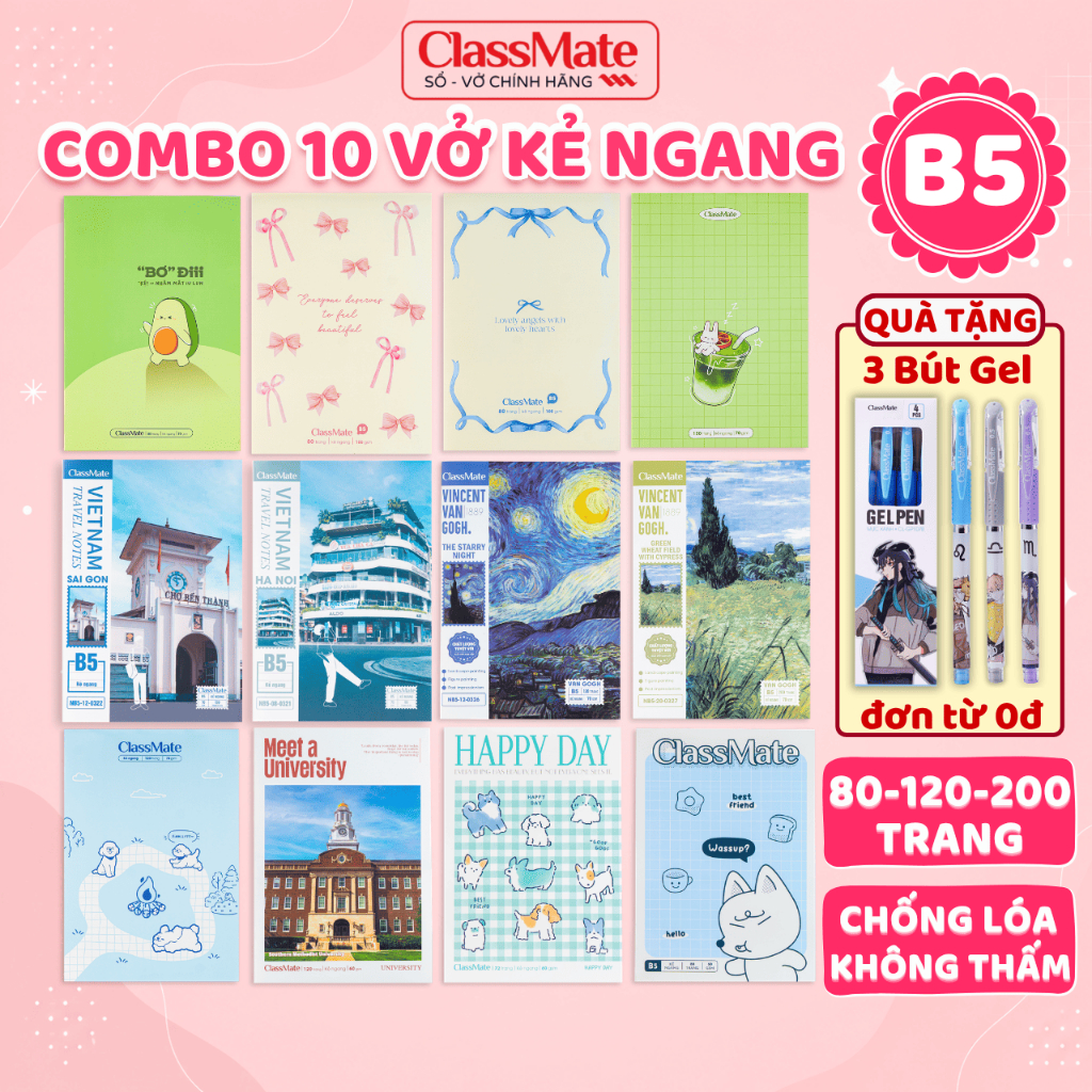 [Tặng 3 Bút] Combo 10 Vở Kẻ Ngang, Vở B5 Classmate Vở Kẻ Ngang 80/120/200 Trang Tập Sinh Viên Dòng K