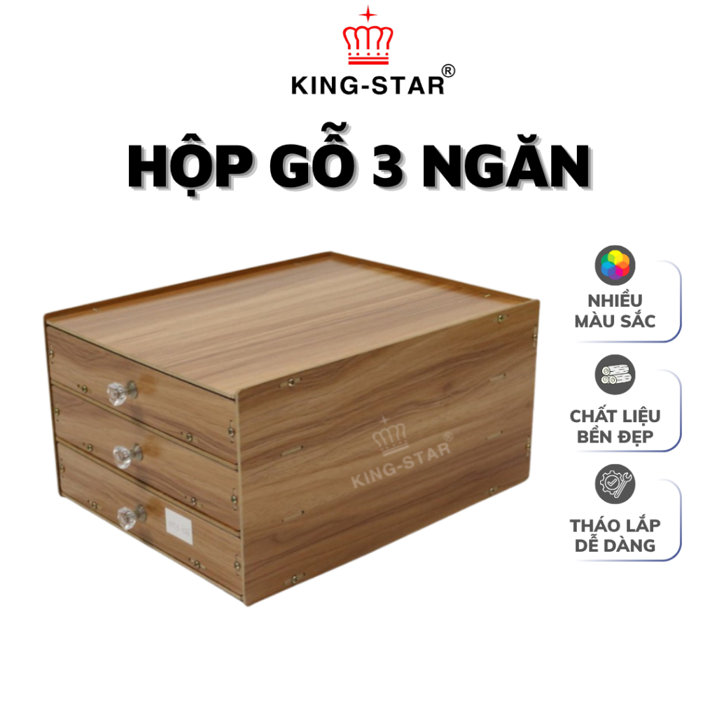 Hộp Gỗ 3 Ngăn Kingstar KS16 Đựng Văn Phòng Phẩm Decor Bàn Làm Việc