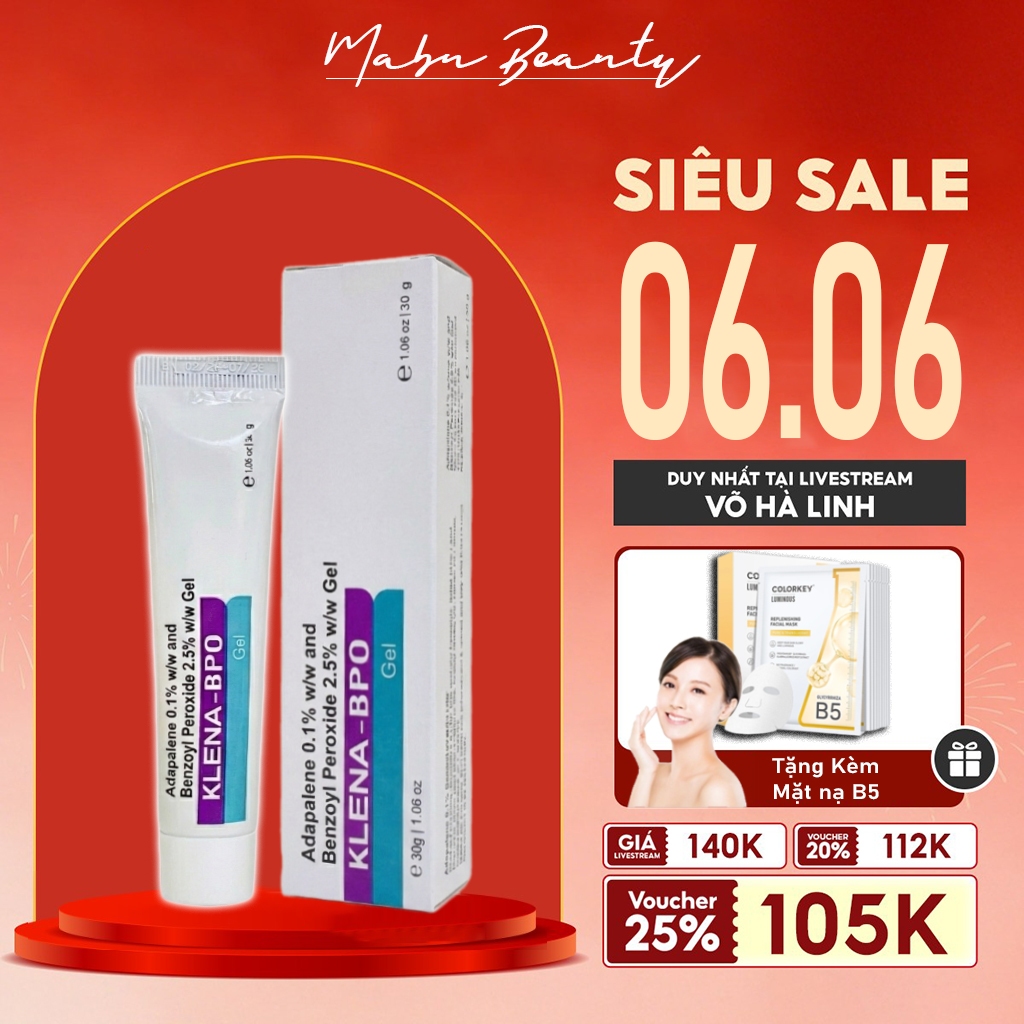 Giảm Mụn Klena BPO Adapalene 0.1% and Benzoyl Peroxide 2.5% 30gram Giảm Sưng Viêm, Mờ Thâm Sẹo