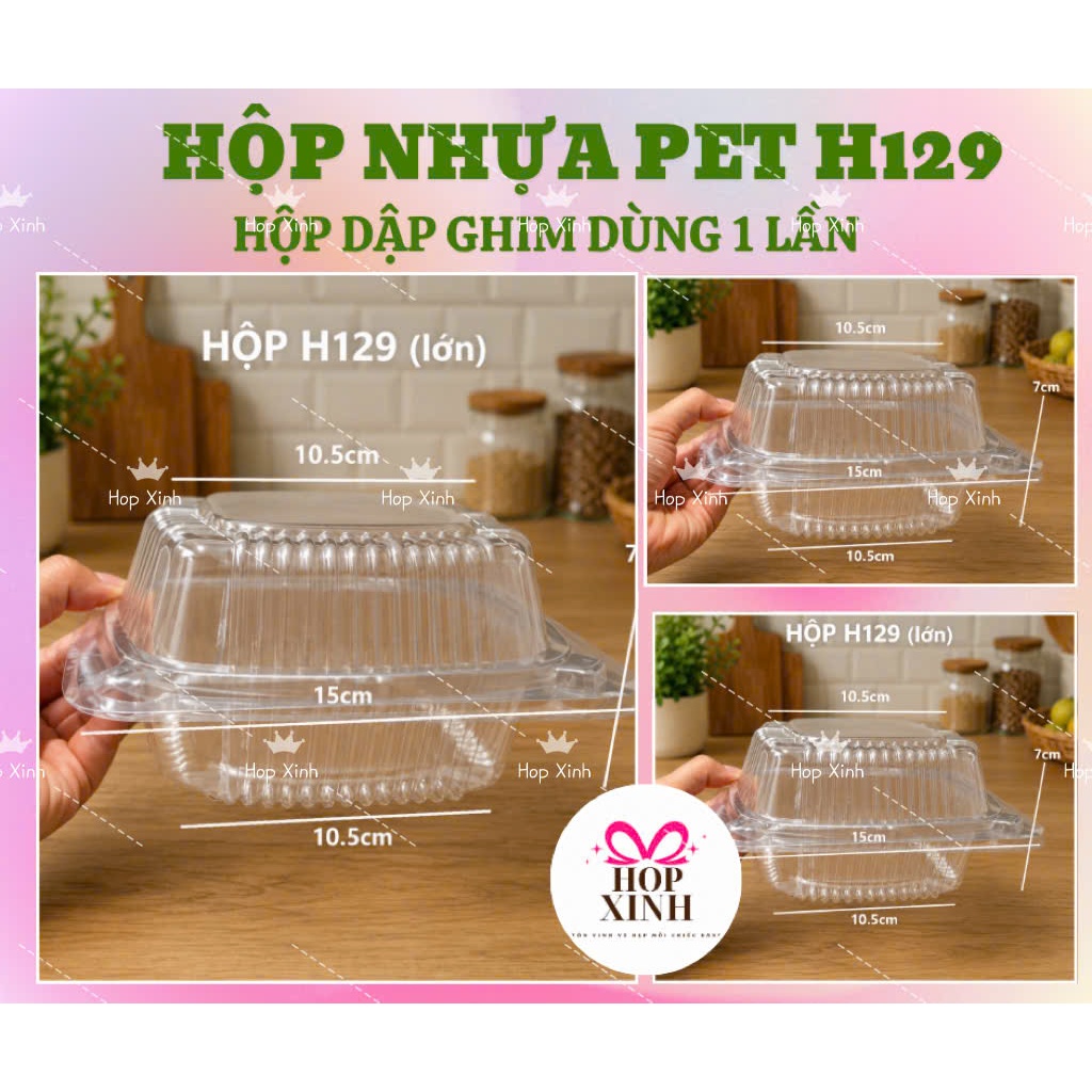 50 Hộp Nhựa PET H129 Dập Ghim Dùng 1 Lần – Hộp Trong Suốt Đựng Bánh, Thực Phẩm / Hộp Xinh