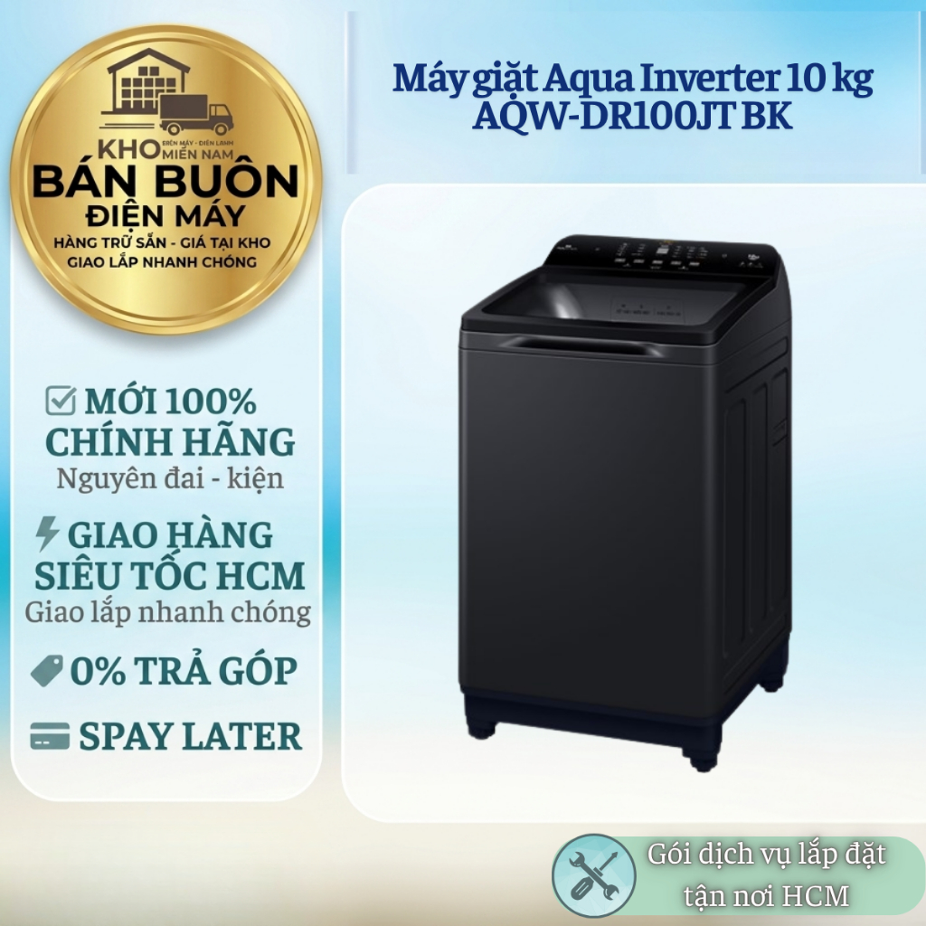 AQW-DR100JT(BK) Máy Giặt Aqua Inverter 10kg Lồng Đứng DD Motor, ABT Kháng Khuẩn, TurboX AQW-DR100JT