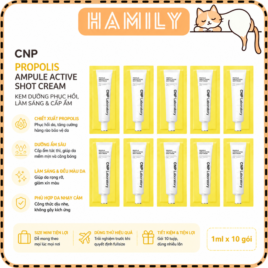 Kem Dưỡng CNP Chiết Xuất Keo Ong Phục Hồi Da Propolis Ampule Active Shot Cream 1ml [ 10 gói]