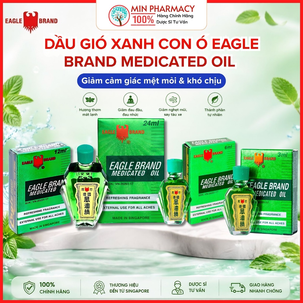 Dầu gió xanh Con Ó Eagle Brand Medicated Oil giảm nhức đầu, cảm cúm, có 3ml, 6ml, 12ml và 24ml