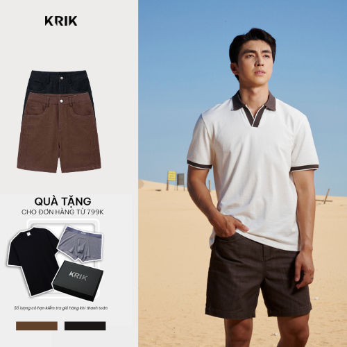 [KRIK x Bình An] Quần Short Kaki Nam KRIK Form Classic Cắt Chéo Sườn Diễu Chỉ Đôi Nổi Bật QS8180
