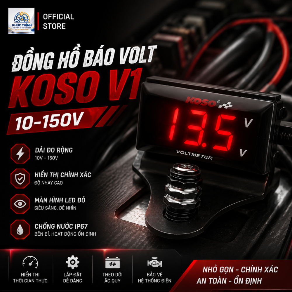 Đồng hồ báo volt KOSO V1 10-150v chống nước IP67, dải đo rộng, hiển thị kết quả chính xác