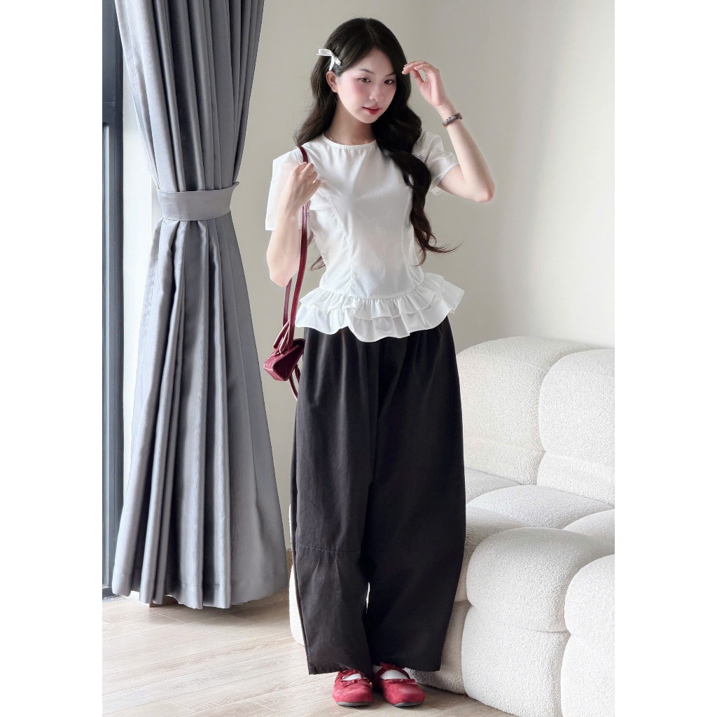 Áo kiểu thô cổ tròn phối tùng gấu Miho House | BigBuy360 - bigbuy360.vn