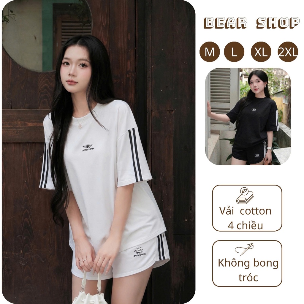 Bộ short thể thao nữ, bộ cộc nữ phối sọc cotton thêu chữ form rộng năng động thoải mái BD18