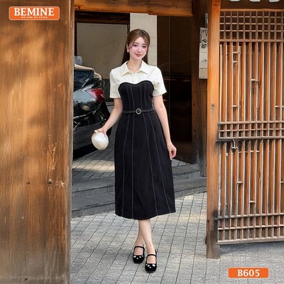 Đầm thiết kế BEMINE cổ đức chỉ chạy viền dáng chữ A phù hợp đi làm-B605