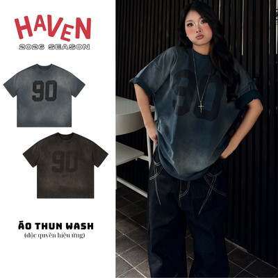 Áo thun wash Haven Studio form boxy nam nữ chất cotton màu đen, xanh trọng lượng 300gsm
