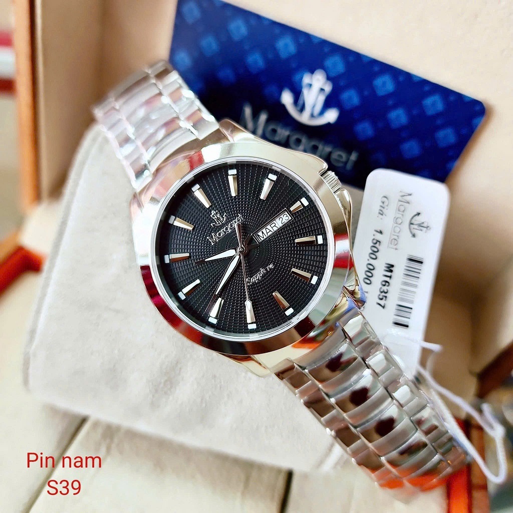 Đồng hồ nam mặt đen dây kim loại chính hãng Margaret size 39mm, đồng hồ máy pin kính sapphire MT6357