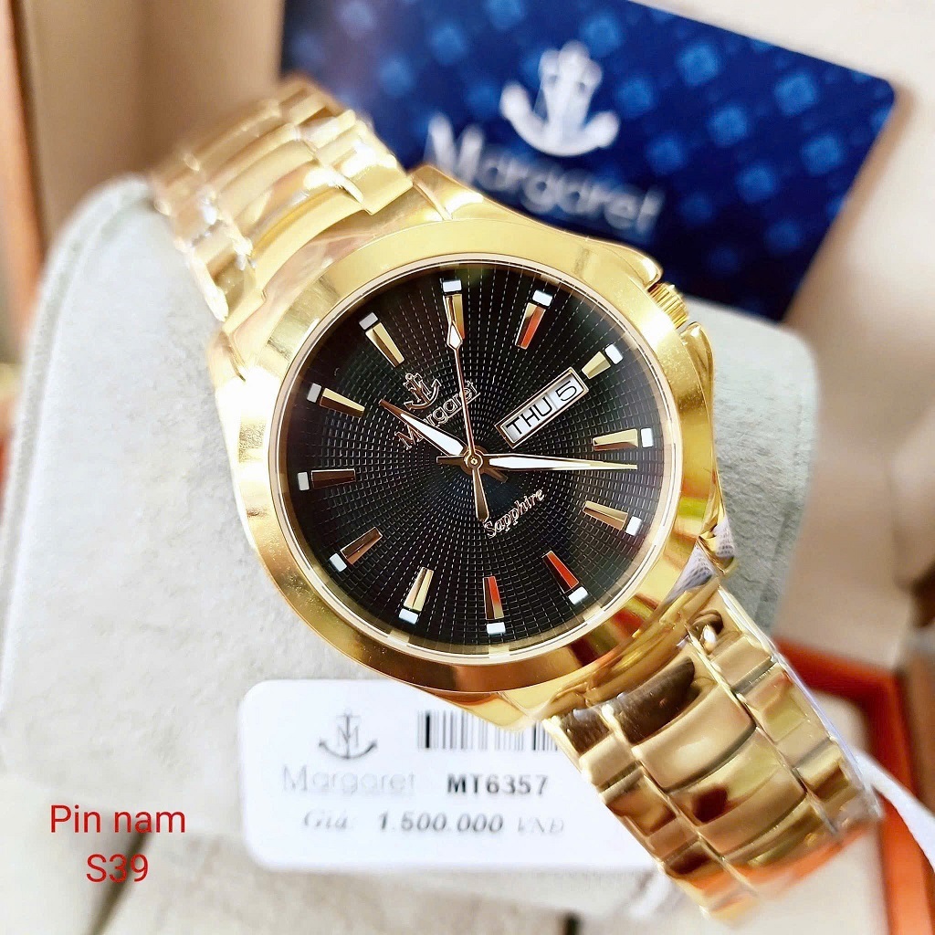 Đồng hồ nam mặt đen dây kim loại vàng chính hãng Margaret 39mm, đồng hồ máy pin kính sapphire MT6357
