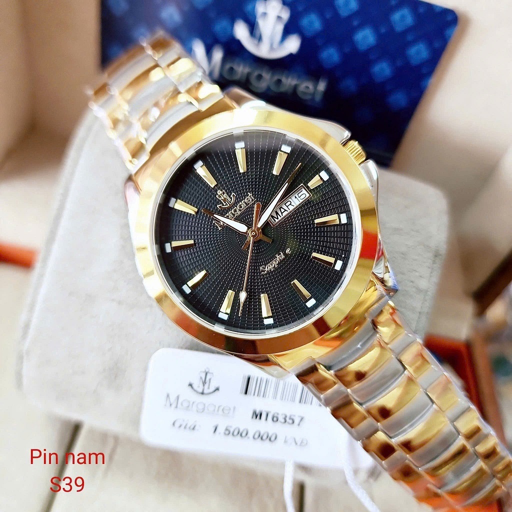 Đồng hồ nam mặt đen dây kim loại demi chính hãng Margaret 39mm, đồng hồ máy pin kính sapphire MT6357
