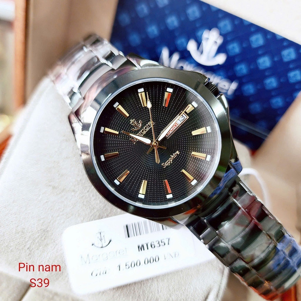 Đồng hồ nam dây kim loại mặt đen chính hãng Margaret 39mm, đồng hồ máy pin kính sapphire MT6357