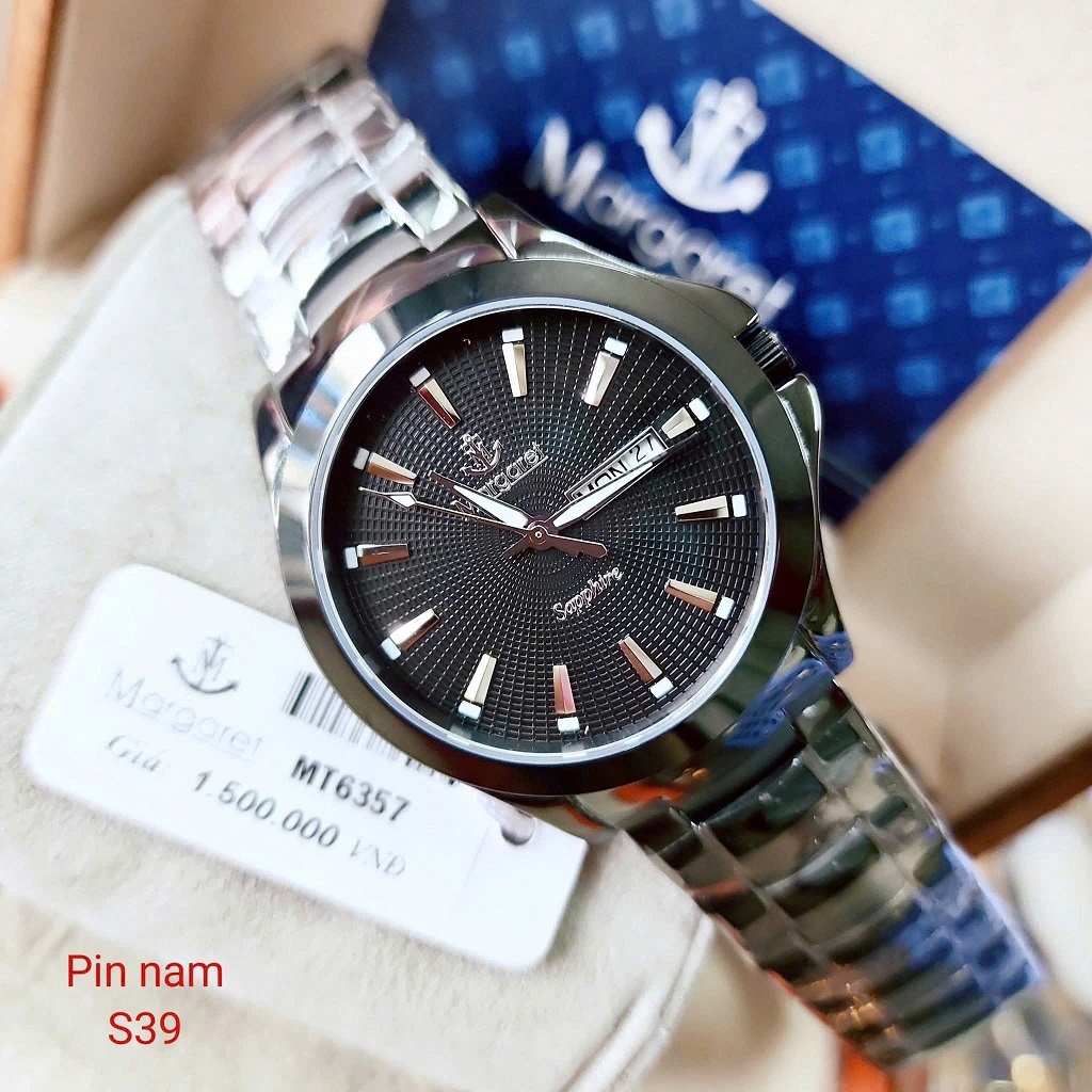 Đồng hồ nam dây kim loại mặt đen chính hãng Margaret size 39mm, đồng hồ máy pin kính sapphire MT6357
