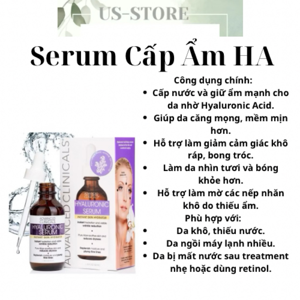 (Mỹ) Serum HA Cấp Ẩm Phục Hồi Da Advanced Clinicals Hyaluronic Acid _ Beta-Glucan cấp ẩm sâu đa tầng