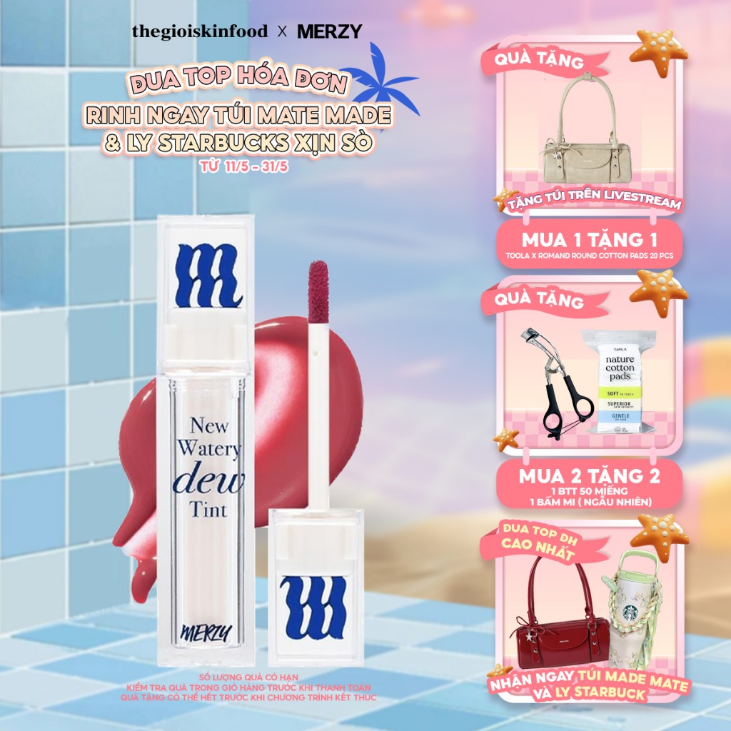 [Merzy New Dew] Son Tint Bóng Merzy Dạng Thạch Lâu Trôi, Môi Ẩm Mịn The Watery Dew Tint 4g ThegioiSk