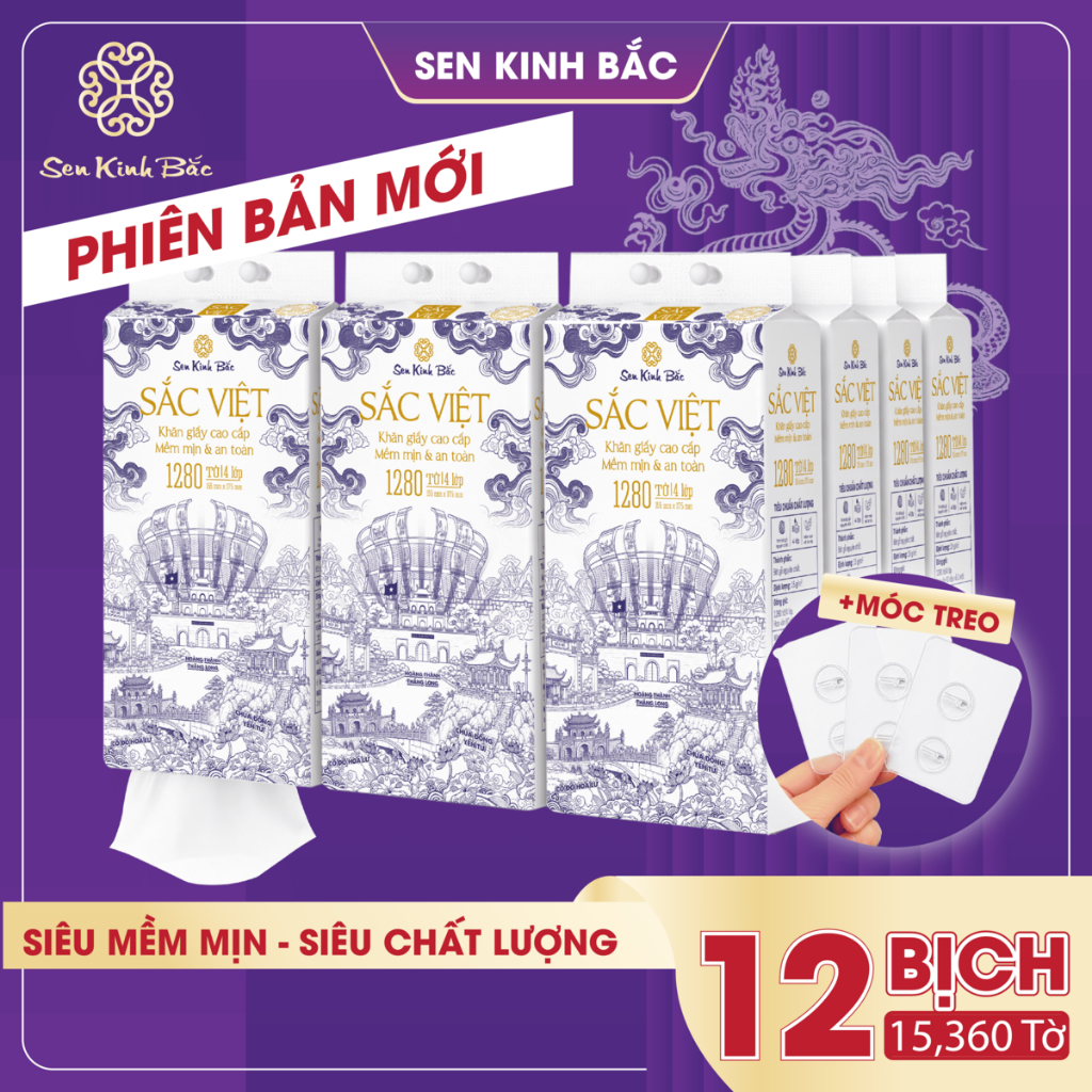 [COMBO 12 BỊCH] Giấy Rút Treo Tường Sắc Việt 1280 Tờ 4 Lớp Mềm Mịn, Thành Phần Bột Gỗ Tự Nhiên 100%
