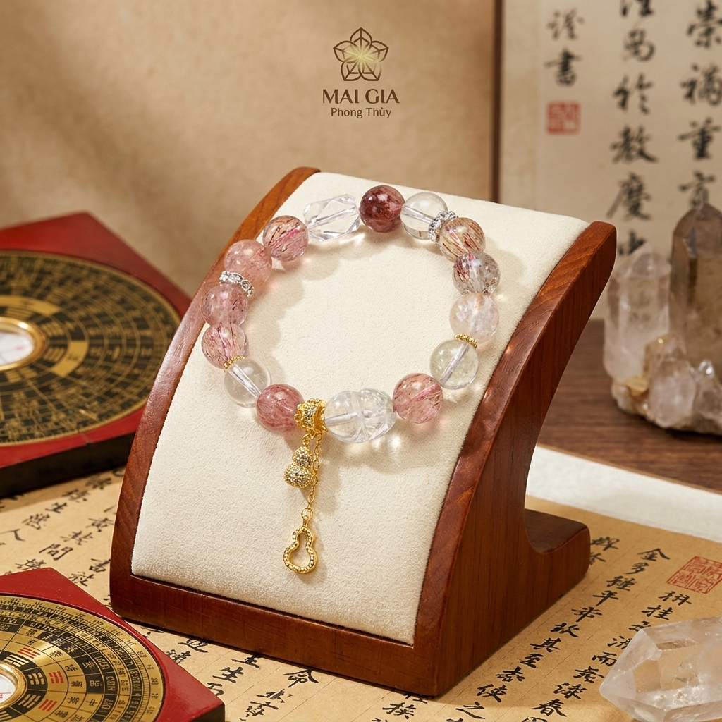 Vòng Tay Thạch Anh Đen Kim Siêu Mix Bạch Thạch Anh & Charm Hồ Lô - Sang Trọng & Bình An