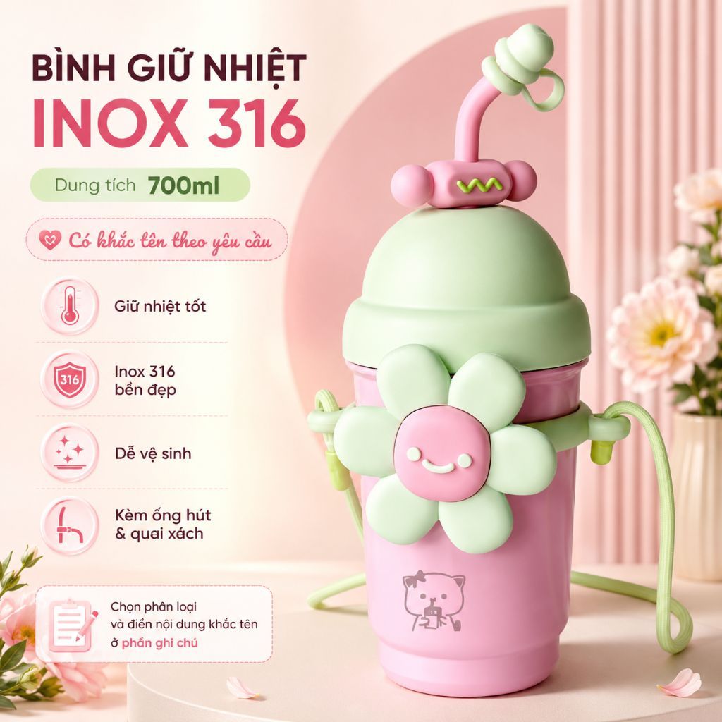 Bình giữ nhiệt Inox 316 cao cấp 700ml K HOUSE, bình nước mang đi học, đi làm - tặng kèm dây đeo, có khắc tên