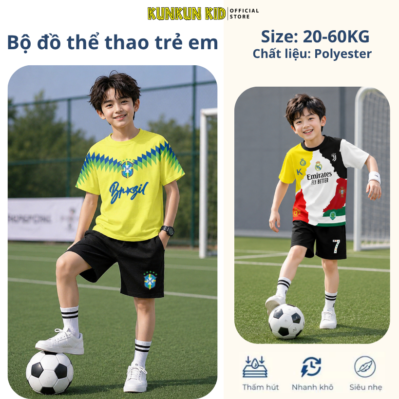 Bộ Đồ Thể Thao Trẻ Em KunKun Kid - Quần Áo Bóng Đá Vải Polyester Siêu Nhẹ, Thấm Hút Mồ Hôi Cho Bé - 