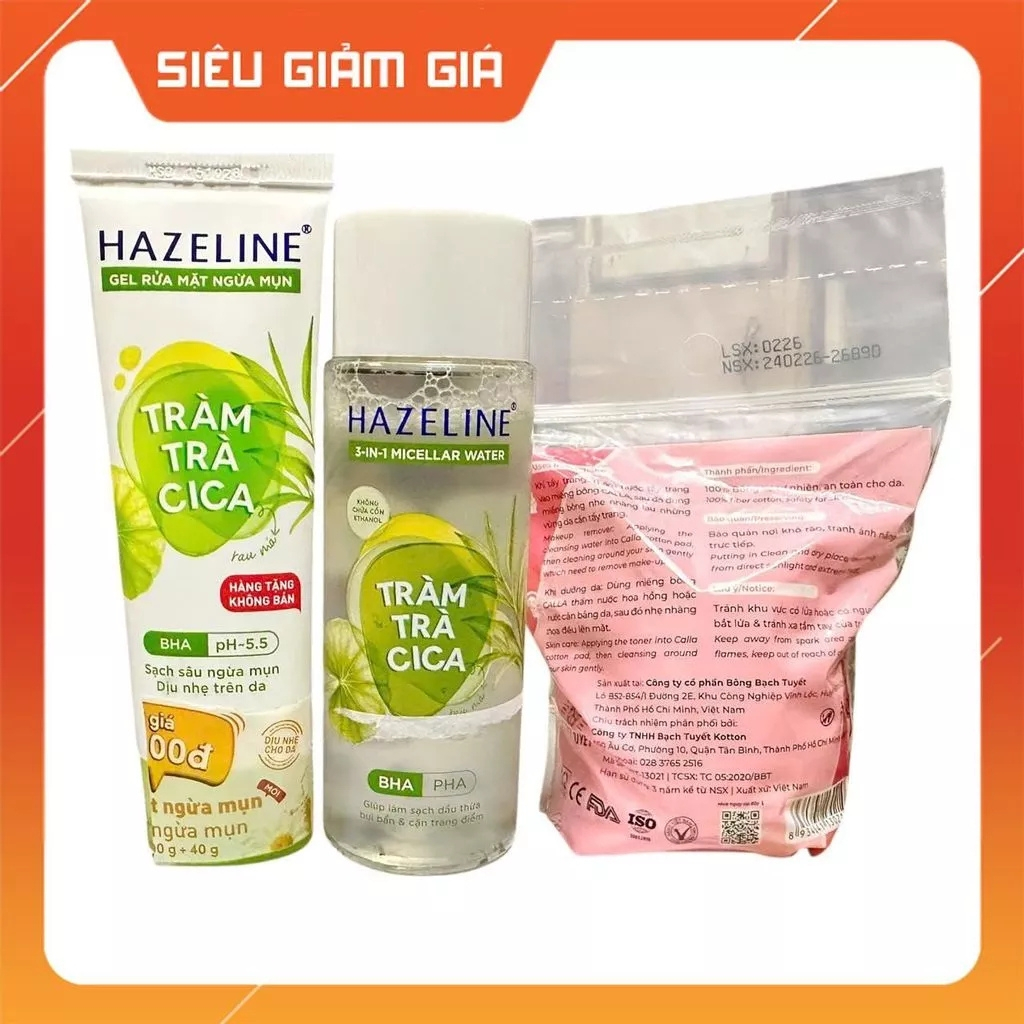 Combo 3 món: 1 Chai nước tẩy trang Hazeline 100ml + 1 sữa rửa mặt 40g + 1 Bông tẩy trang 30 miếng