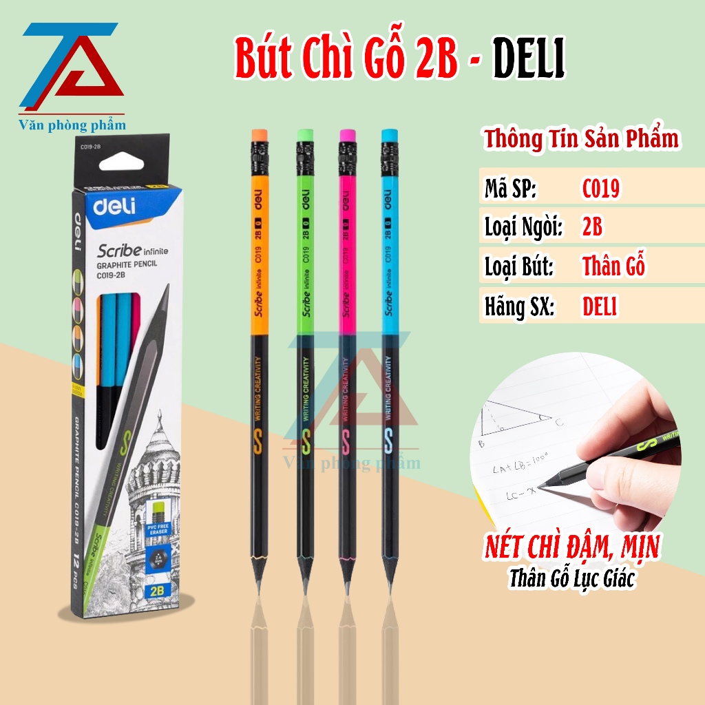 Hộp 12 Chiếc Bút Chì 2B DELI, Bút Chì Gỗ Đen Thân Lục Giác C019 - VPP Trường Anh