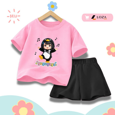 Bộ đồ cộc tay bé gái in hình Chim cánh cụt Gugugaga, quần áo trẻ em nữ size 15-40kg-  Loza Kids SB683