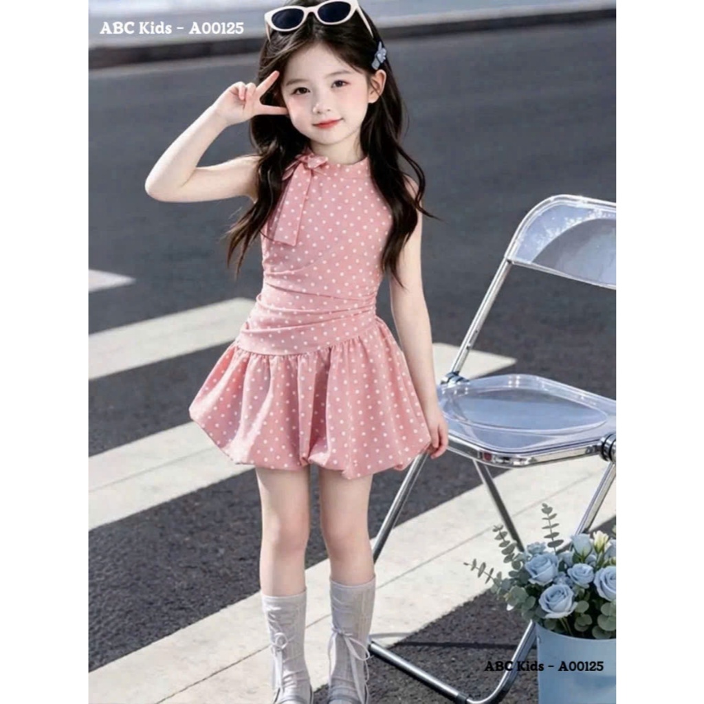 Váy lanh cho bé, bộ đồ mát cho bé gái, váy cho bé gái hè, Váy lanh caro - chấm bi pastel nơ cổ 9-29k