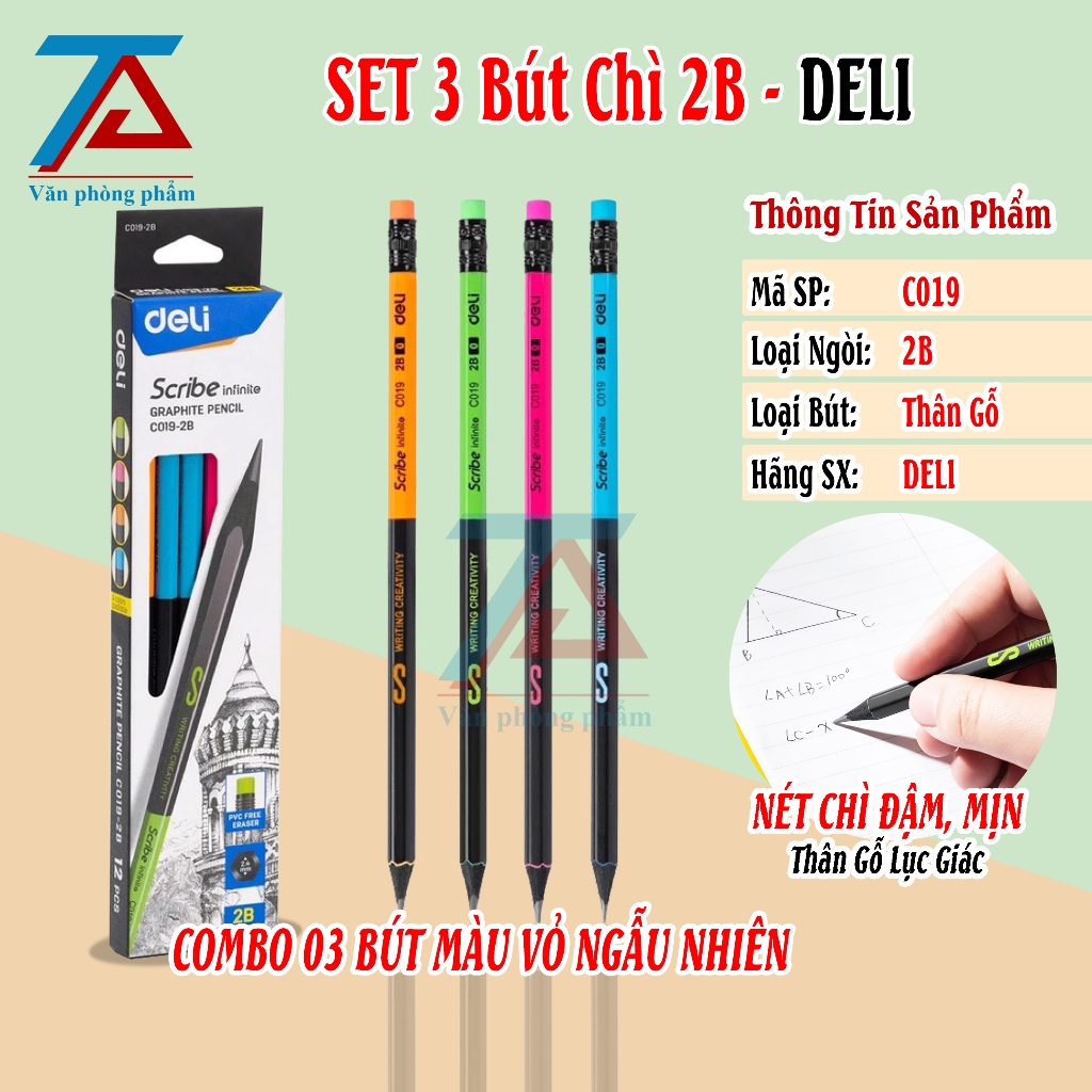 Set 3 Chiếc Bút Chì 2B DELI, Bút Chì Gỗ Đen Thân Lục Giác C019, Nét Chì Đậm, Mịn - VPP Trường Anh