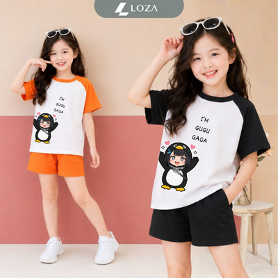 Bộ quần áo bé gái LOZA hình Cánh cụt Gugugaga chất liệu thun cotton mềm mát size từ 15-42kg Loza FB684