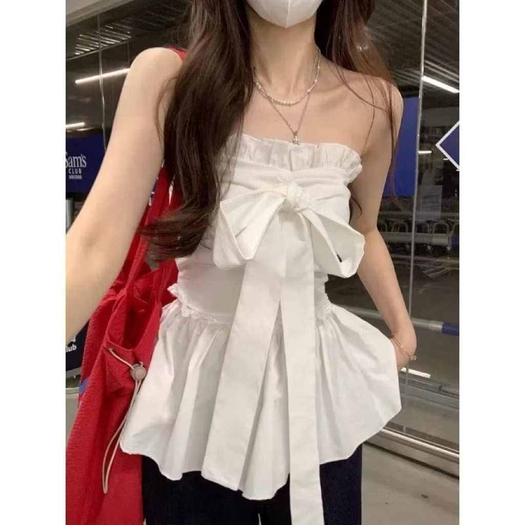 (PASS 14 - SIZE S - NEW - ngoài sàn 60k) Áo quây cúp nhự không mút Ôm body Nơ Trắng và Dây Buộc Ống Phong Cách