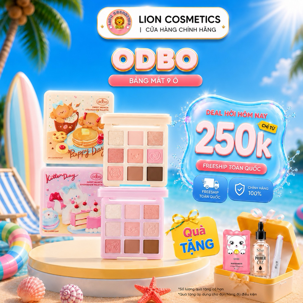 [ODBO] Bảng Phấn Mắt 9 Ô Odbo OD2024 Kitten Day & Puppy Day Mèo & Cún Con Cho Mắt, Má Hồng Thái Lan